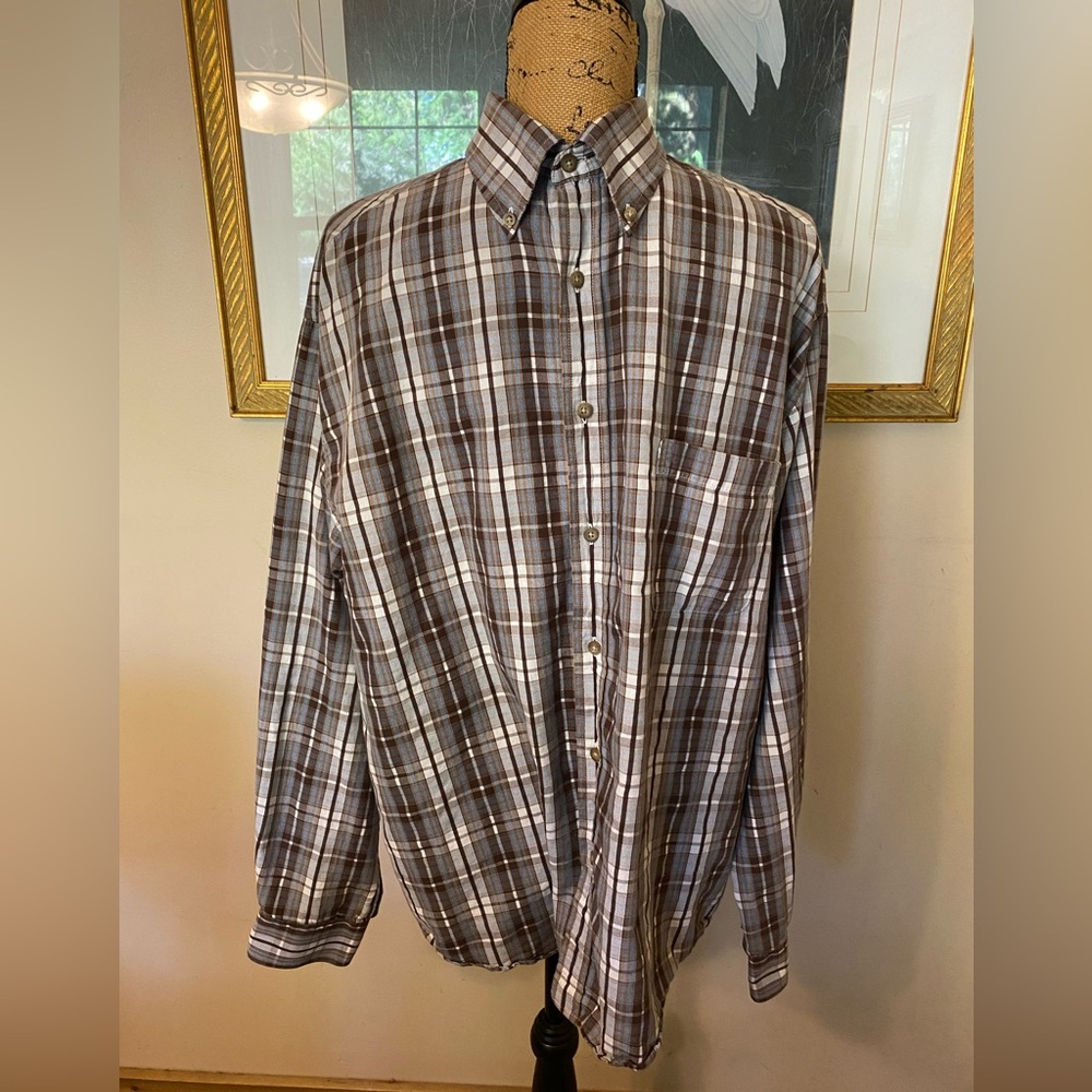 Tricots St Raphael Plaid Men’s XL Button Down Shirt Long Sleeve Blue Brown
